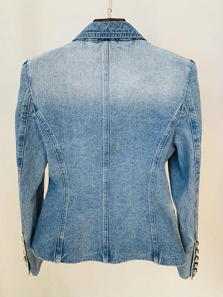 HIGH STREET Nouveauté 2026 Blazer en jean pour femme, coupe ajustée, croisé, avec boutons motif lion