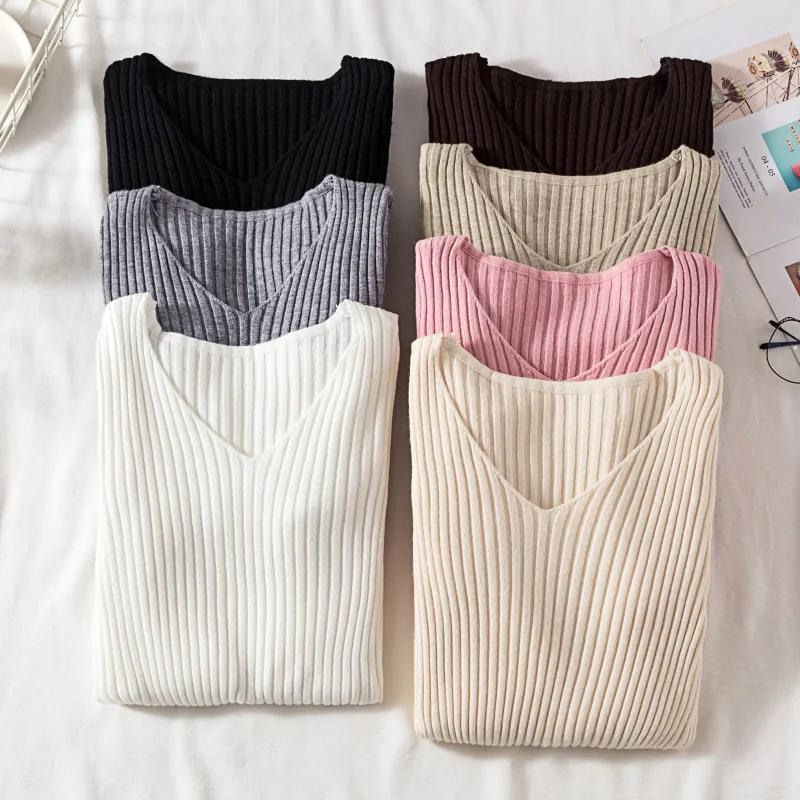 Automne hiver femmes chandails décontracté à manches longues tricoté col en V pull Femme basique sol