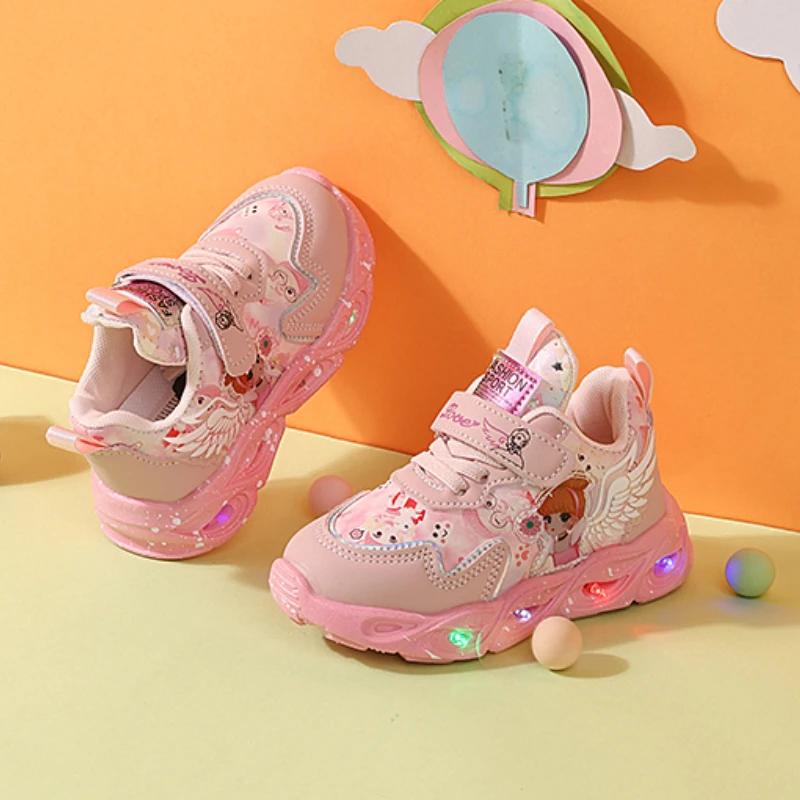 Nouvelles baskets LED 2026 pour enfants, chaussures de princesse mignonnes à motif de dessin animé p