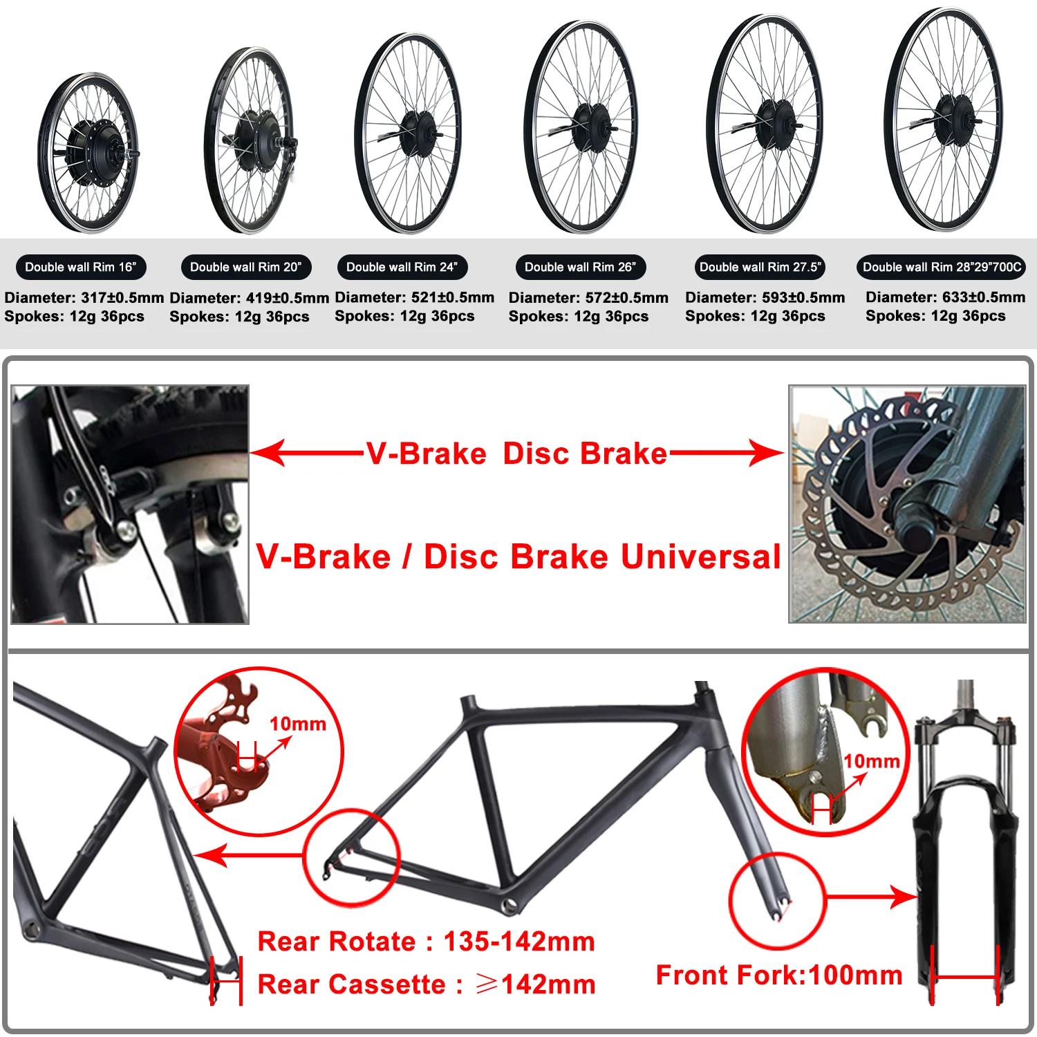 Kit de motorisation de vélo électrique, moteur intégré dans le moyeu de la roue avant/arrière, 36/48