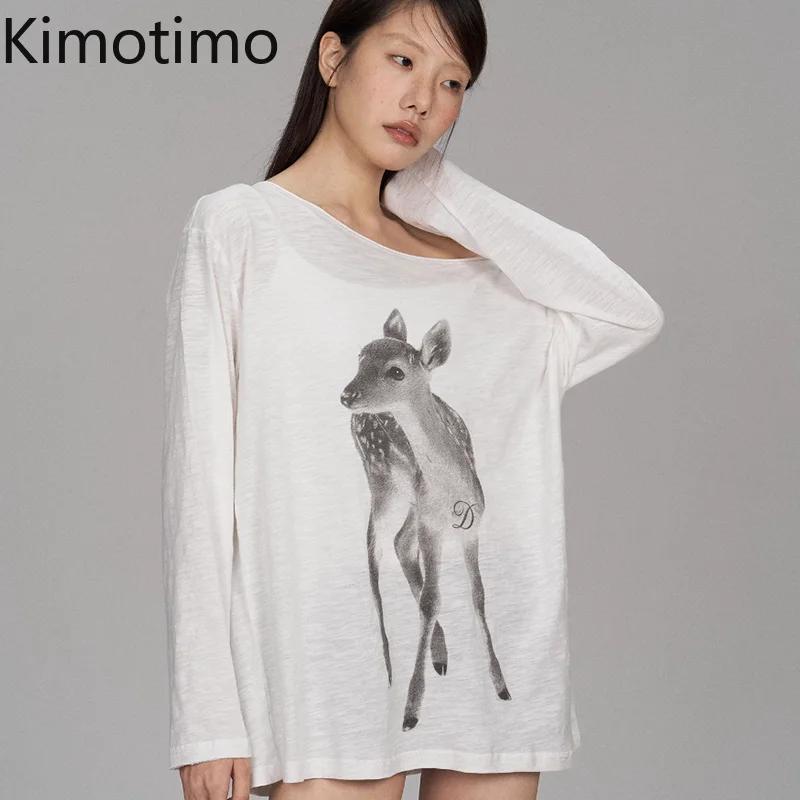 Kimotimo T-shirt Femme Été Imprimé Épaules Dénudées Manches Longues 2026 Nouveau Décontracté Transpa