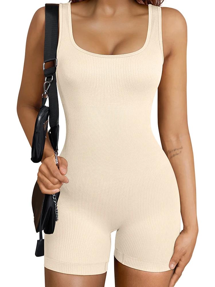 Combinaison yoga sans couture col en U - Sans manches élastique séchage rapide femme sport