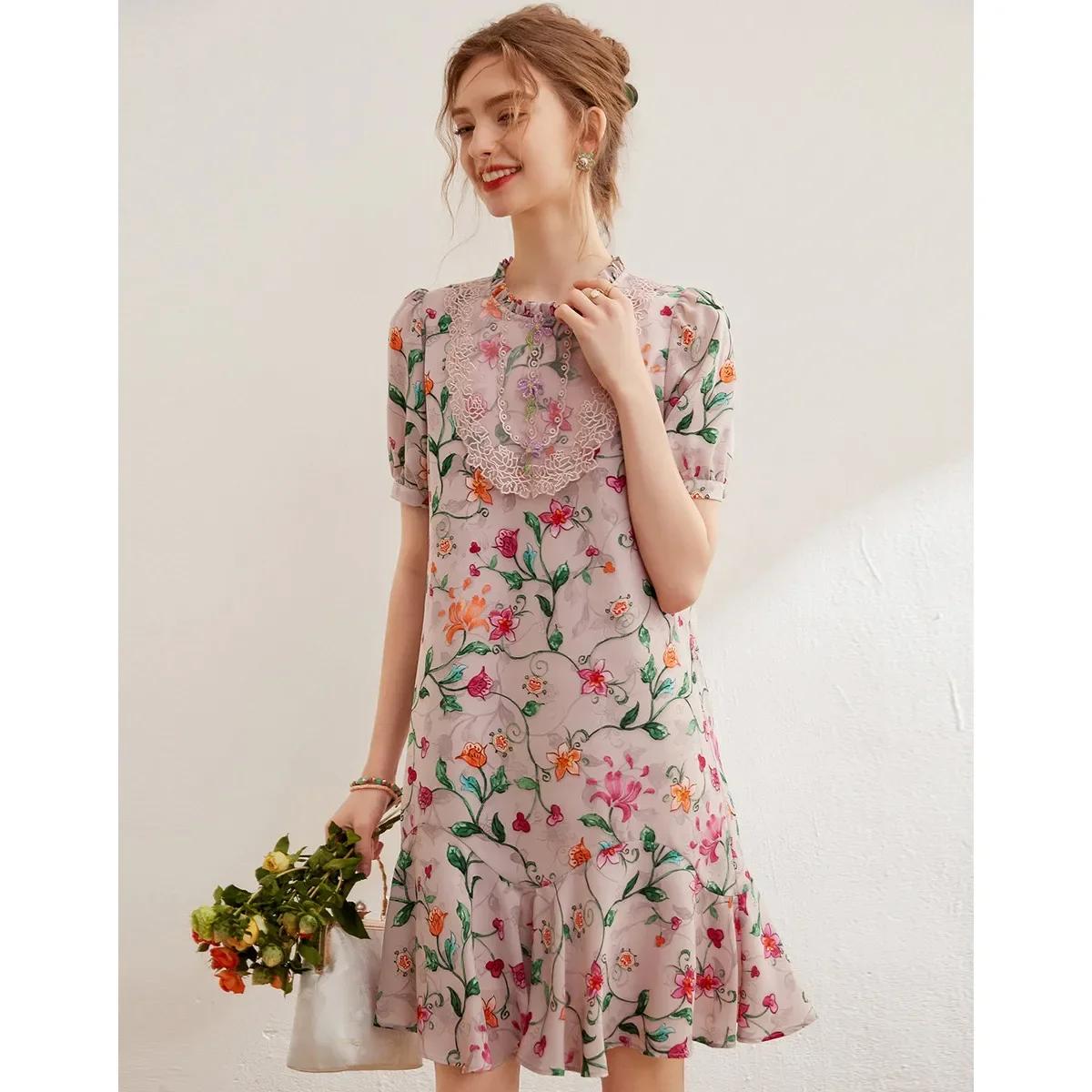 Modiis Yao-Robe florale brodée élégante, dentelle perlée, col rond, manches courtes, robe courte A-L