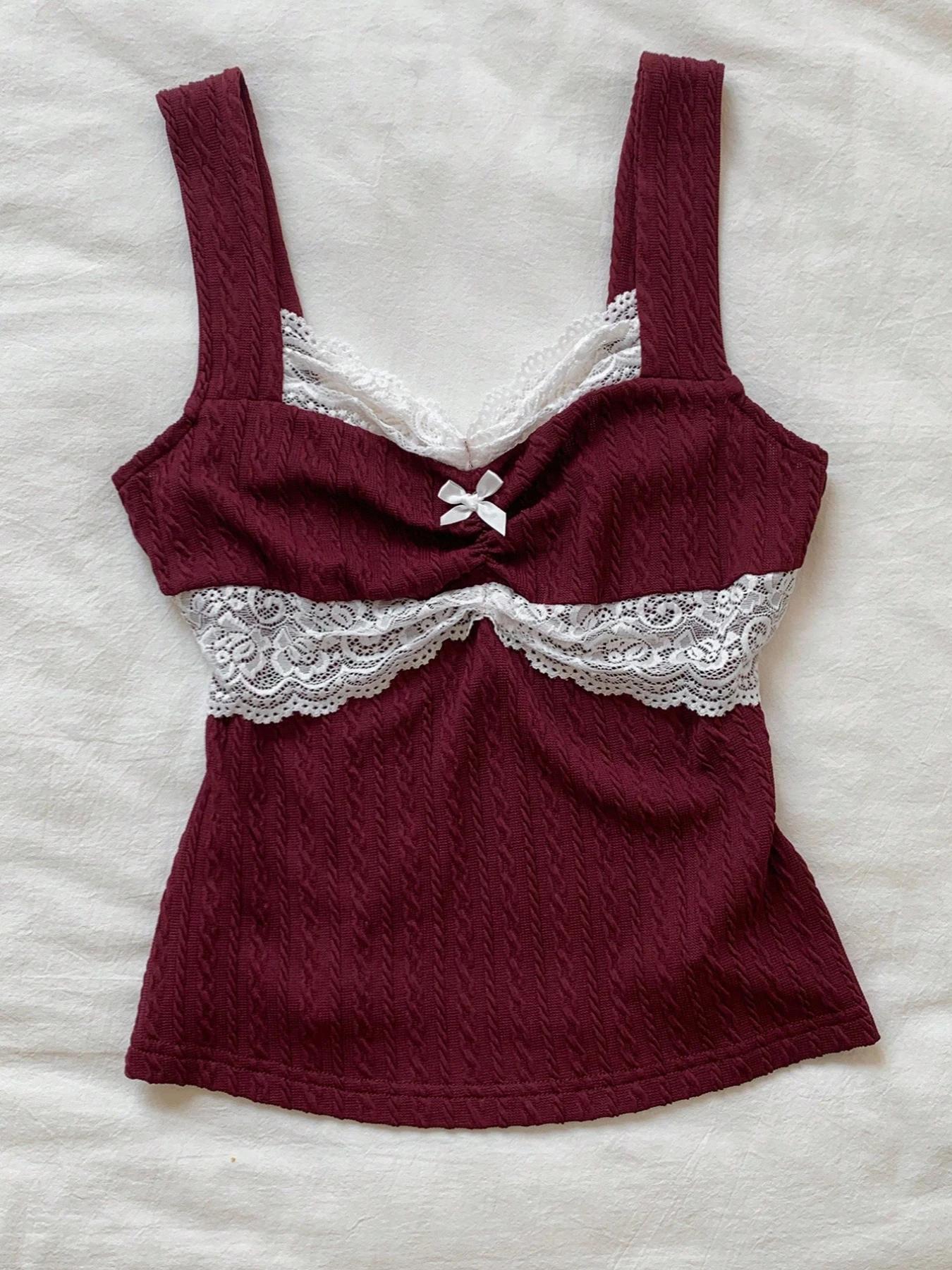 Nouveau débardeur femme Y2K tendance été avec dentelle et nœud décoratif, style pur et séduisant