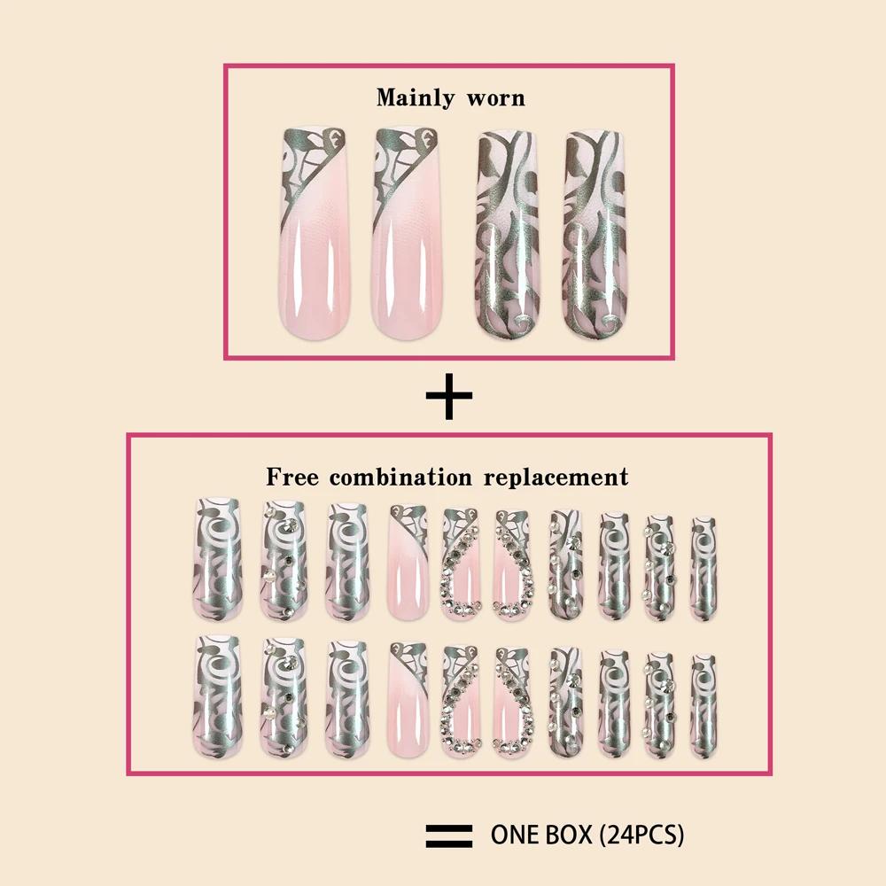 Faux ongles de luxe pour femmes, Super longs, carrés, français, argent, vigne, Patchwork, diamant, c
