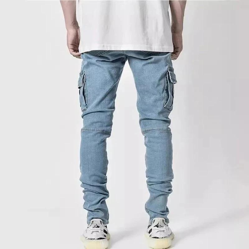 Jeans en denim élastique pour hommes, pantalon cargo multi-poches, coupe slim décontractée, jogging