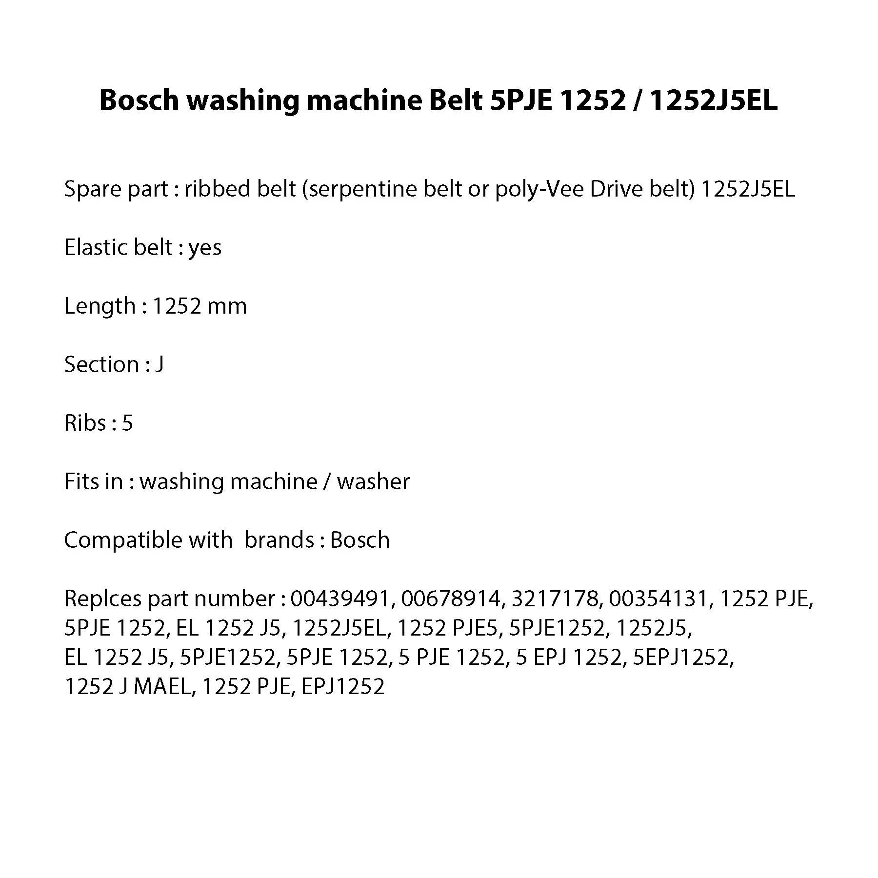 Courroie d'entraînement pour Machine à laver 5PJE1252, 5PJE 1252 adaptée à Bosch