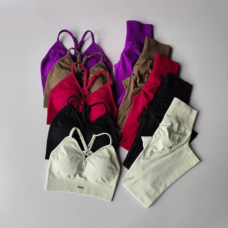 Ensemble de Fitness sans couture pour femmes, soutien-gorge, col en v, Leggings, Yoga, exercice à sé