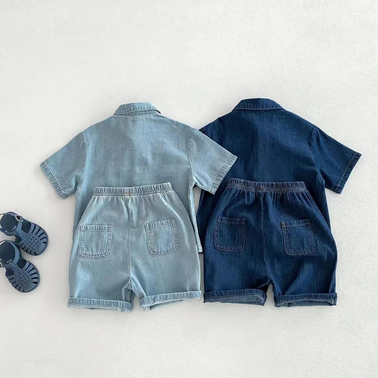 TZ2456 Ensemble de vêtements en jean pour enfants de style coréen, pantalon en jean à manches courte
