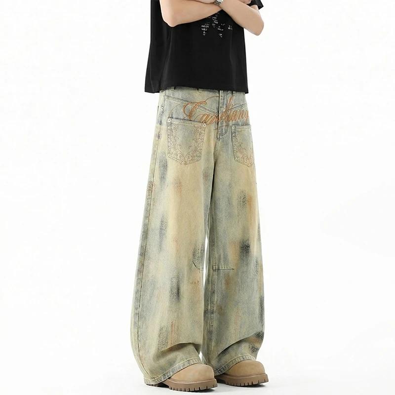 Jean vintage pour homme, délavé, effet vieilli, broderie script, coupe oversize, jambe large, style