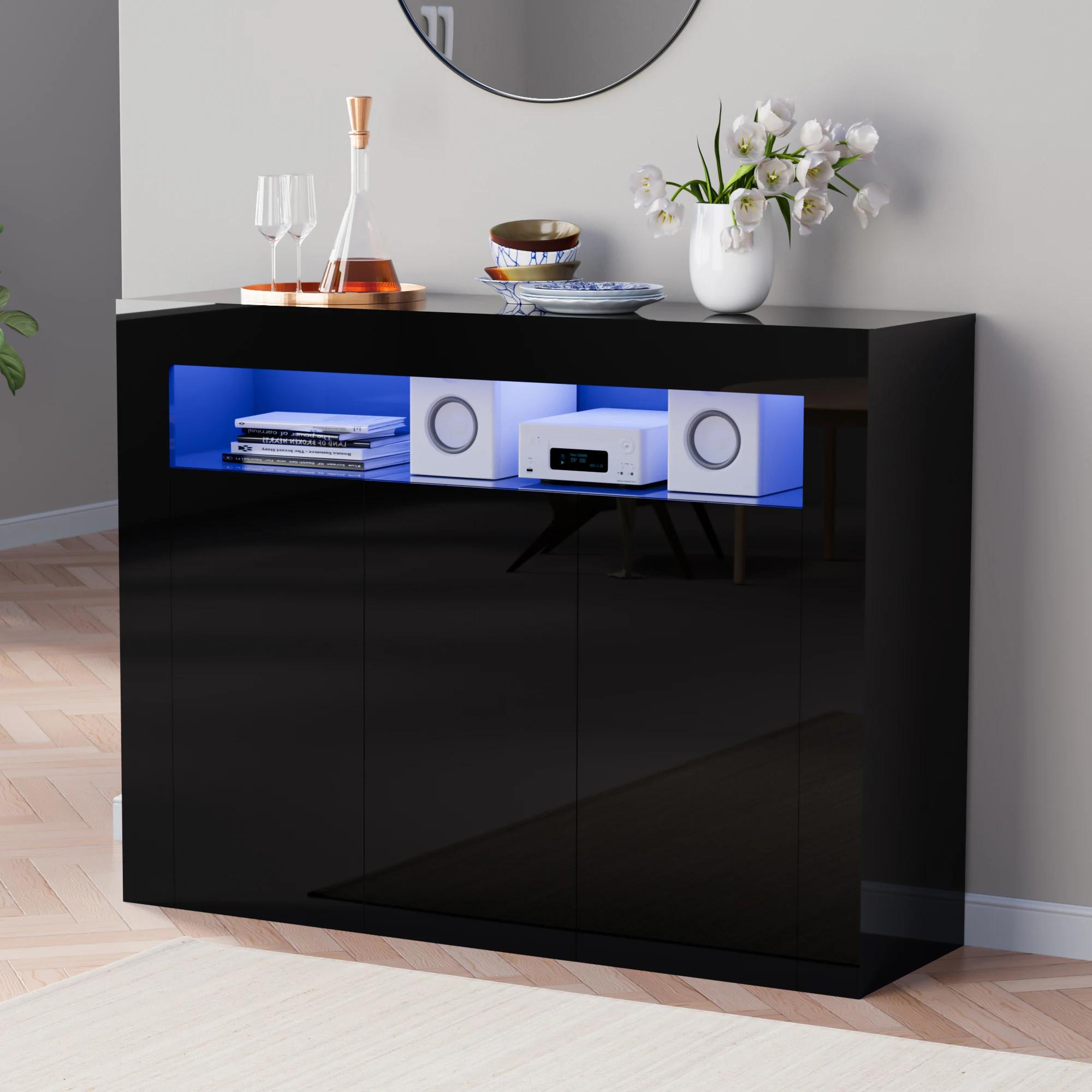 Armoire de rangement moderne avec lumières LED, buffet haute brillance, étagère réglable, 3 portes