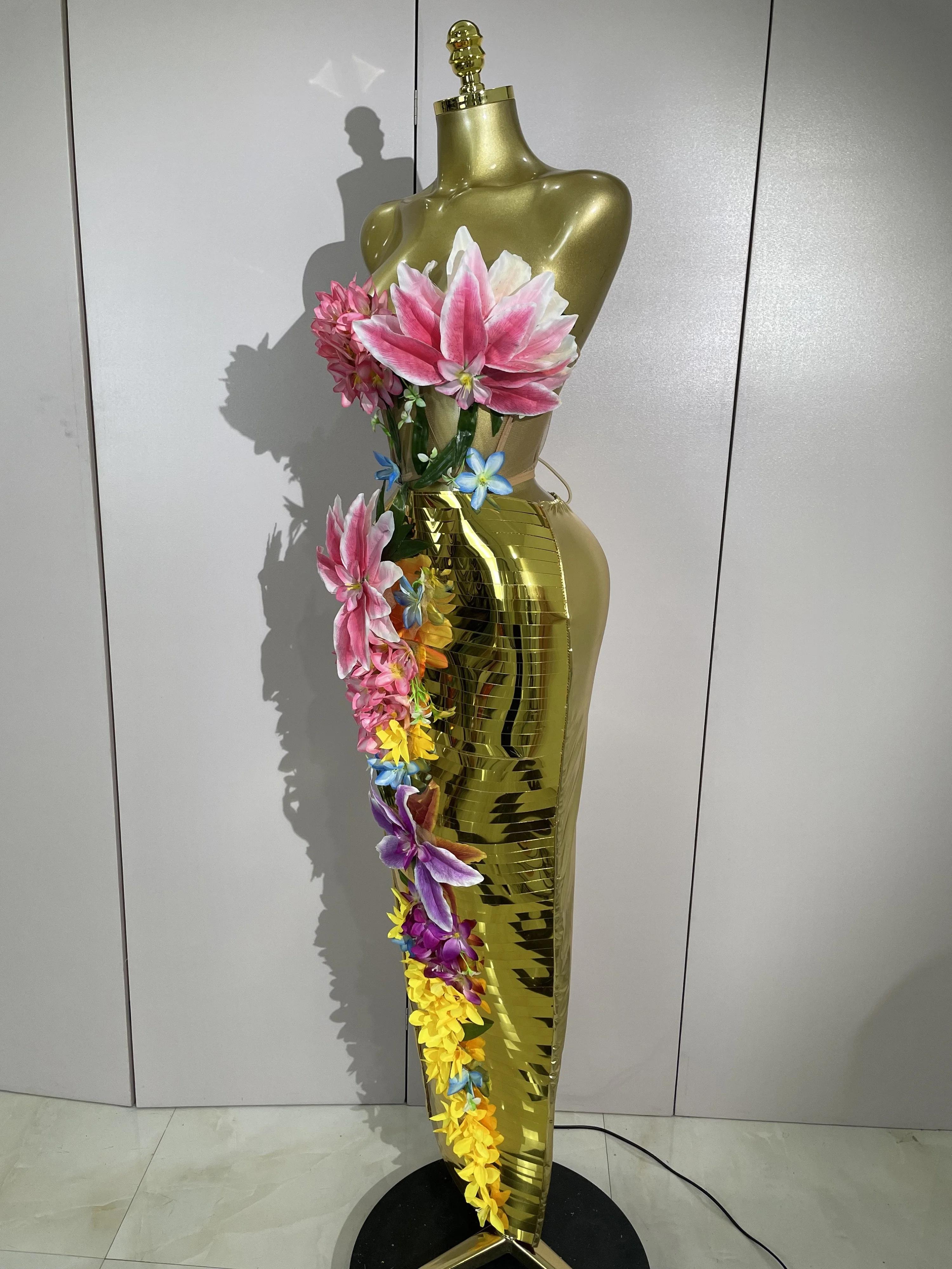 Ensemble deux pièces pour femme, haut en maille dorée à fleurs 3D élégant, robe longue moulante, soi