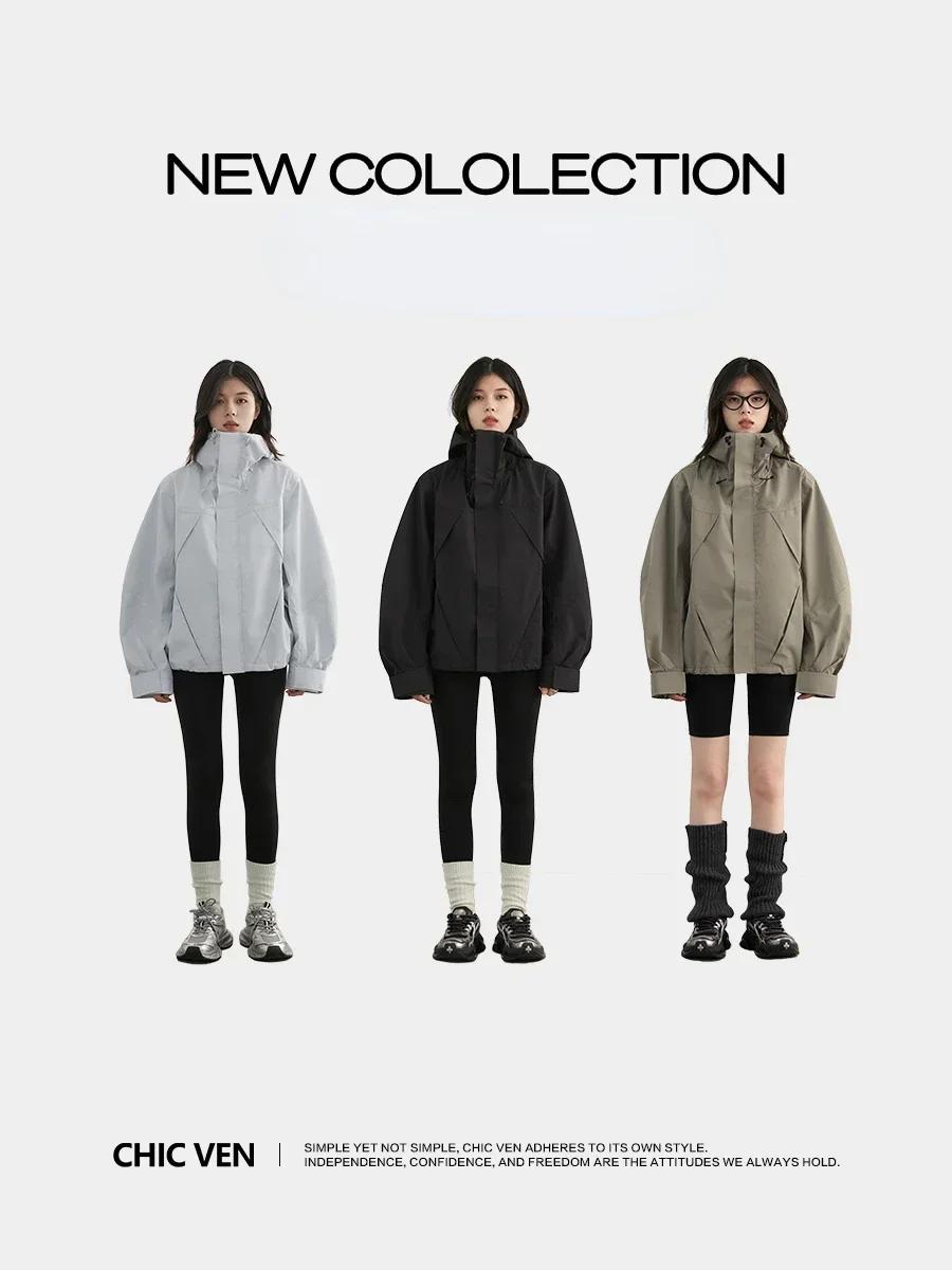 CHIC VEN-Veste de dehors à Capuche pour Femme, Manteau Court, Coupe-Vent, Solide, Extérieur, Automne