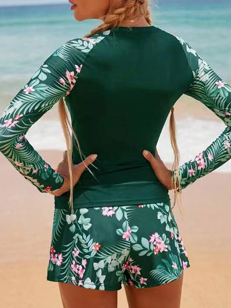 Maillot de bain surf manches longues 2026 femme - Imprimé deux pièces plongée plage