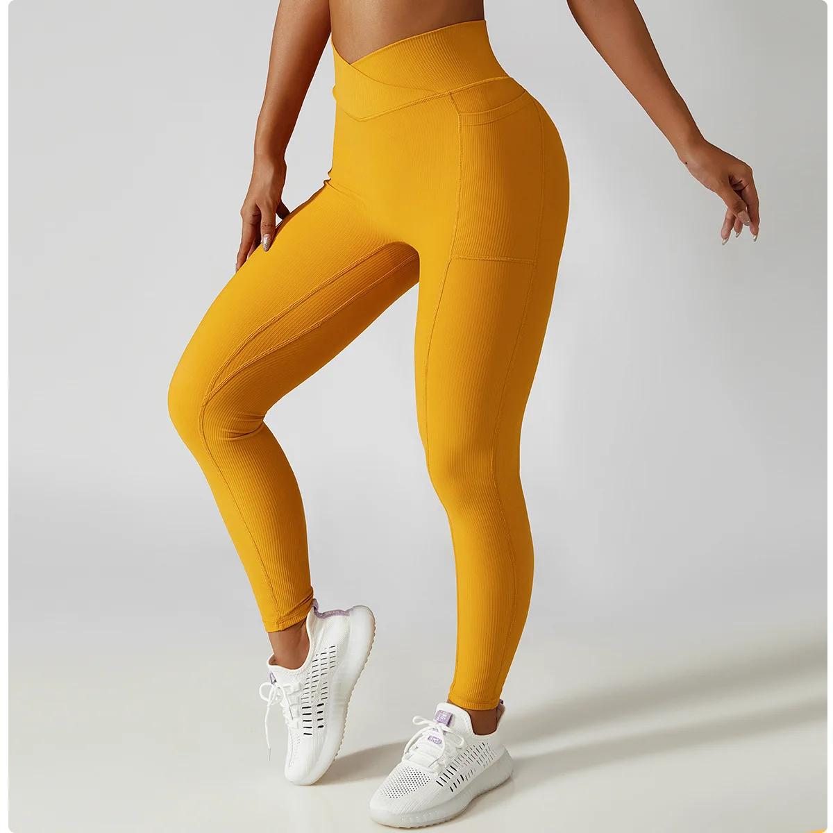 Pantalon de Yoga côtelé de couleur unie pour femmes, poches croisées, taille haute, Leggings de Fitn