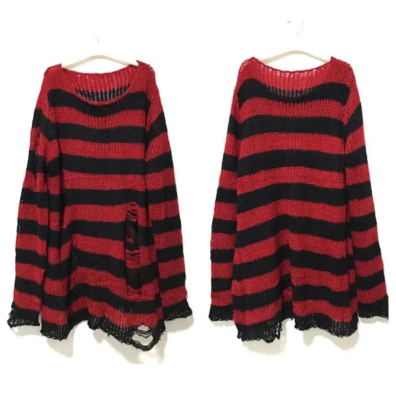 Nouveau automne Punk gothique Long unisexe pull femmes rayé Cool évider trou cassé pull ample Rock m