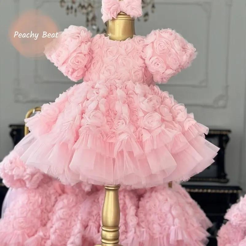 Robe Tutu princesse pour petites filles de 2 à 14 ans, motif floral 3D, Rose, pour fête de mariage,