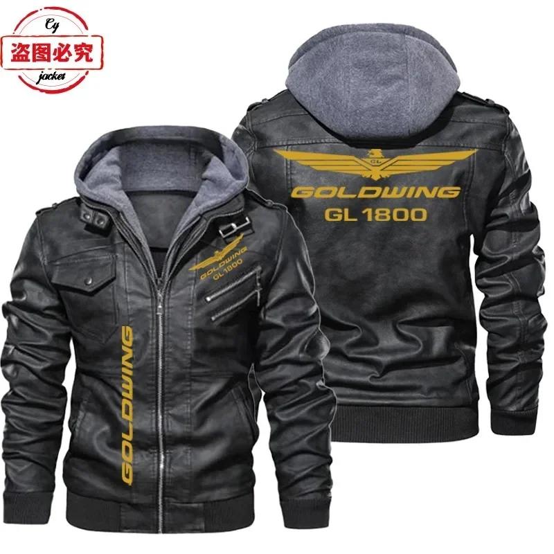 Golden Wing 1800 Logo de moto imprimé rétro lavé veste en cuir PU coupe-vent hommes veste en cuir à