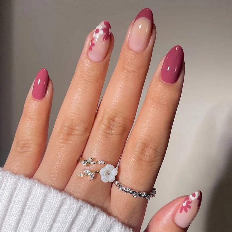 24 faux ongles courts en amande à presser, motif pomme rouge, avec strass ovales, à couverture compl
