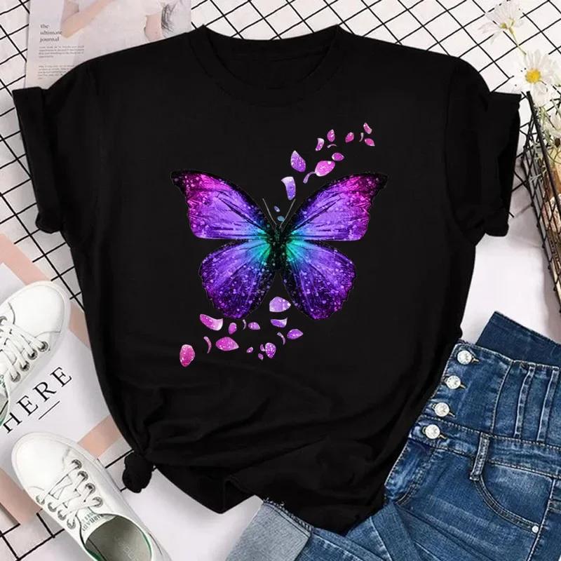 Nouvelle mode femmes T-shirt coloré papillon pétale imprimé à manches courtes et col rond mignon gra