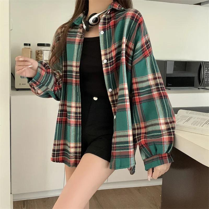 Chemise à carreaux pour femmes, haut à manches longues, Vintage, mode, simple boutonnage, Style Prep