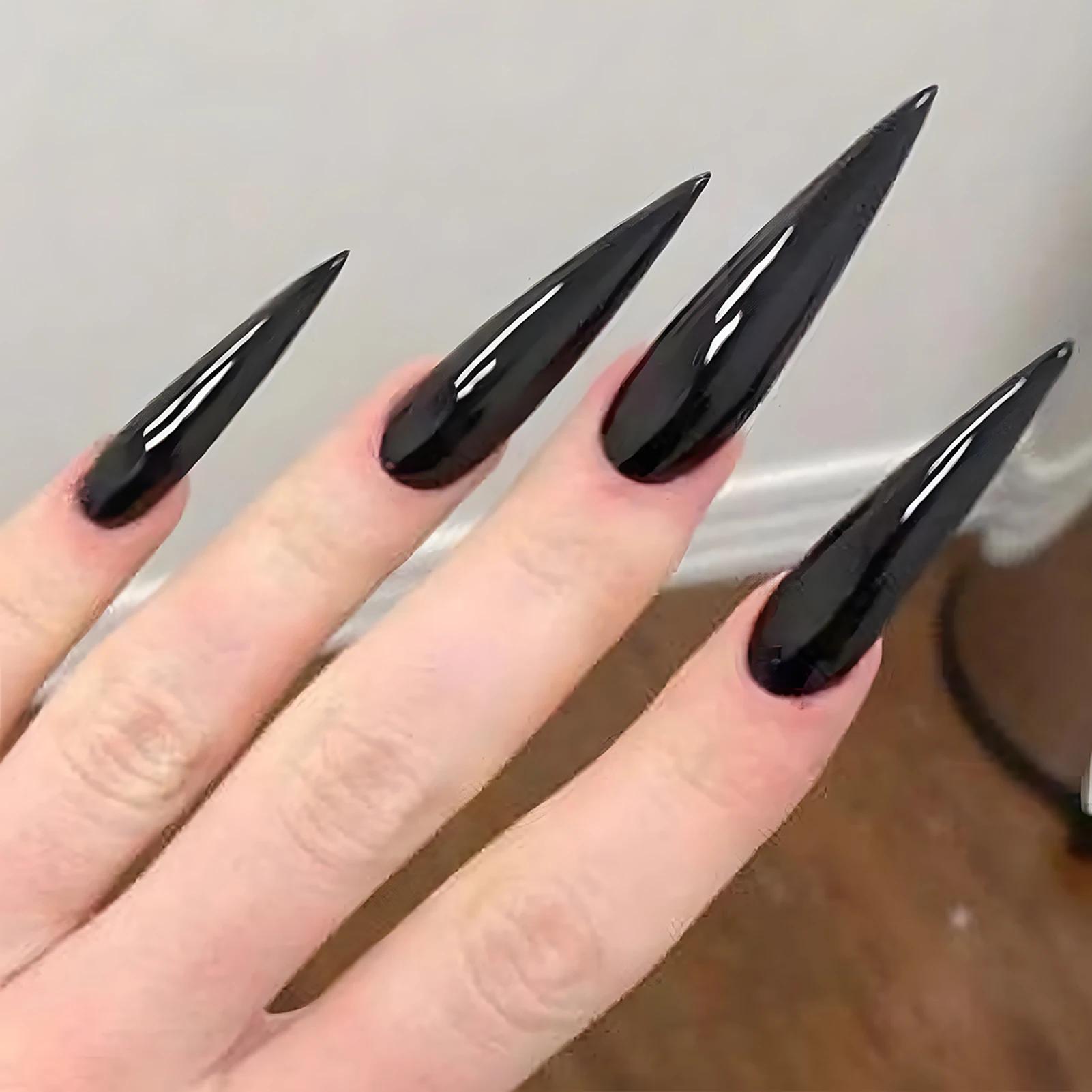 Ensemble de faux ongles noirs brillants, 24 pièces, pointes à pression, couleur unie, longs Stiletto