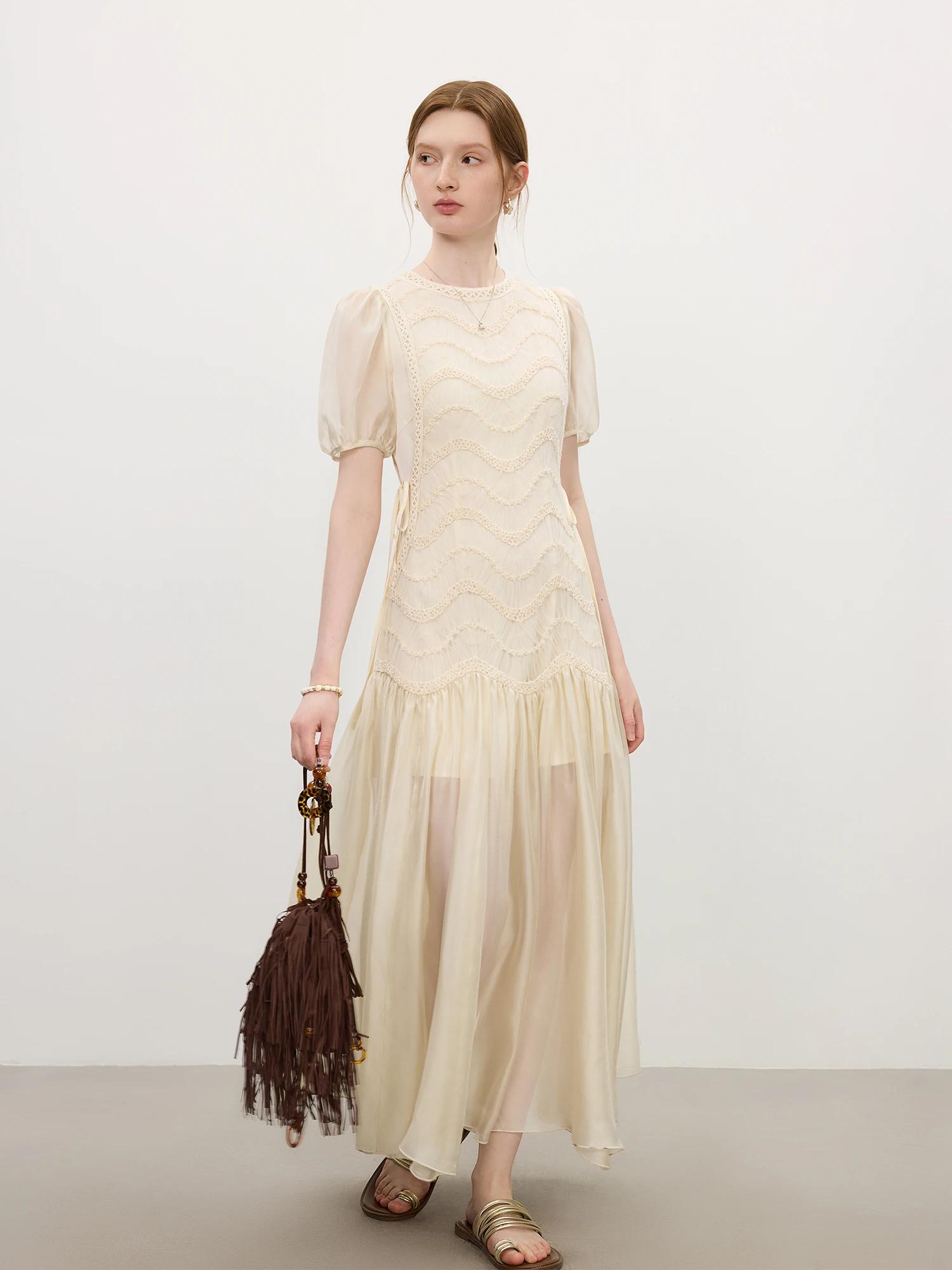 FSLE 2025 été femmes maille broderie robe évider épissage bulle manches taille cravate Y2K à la mode