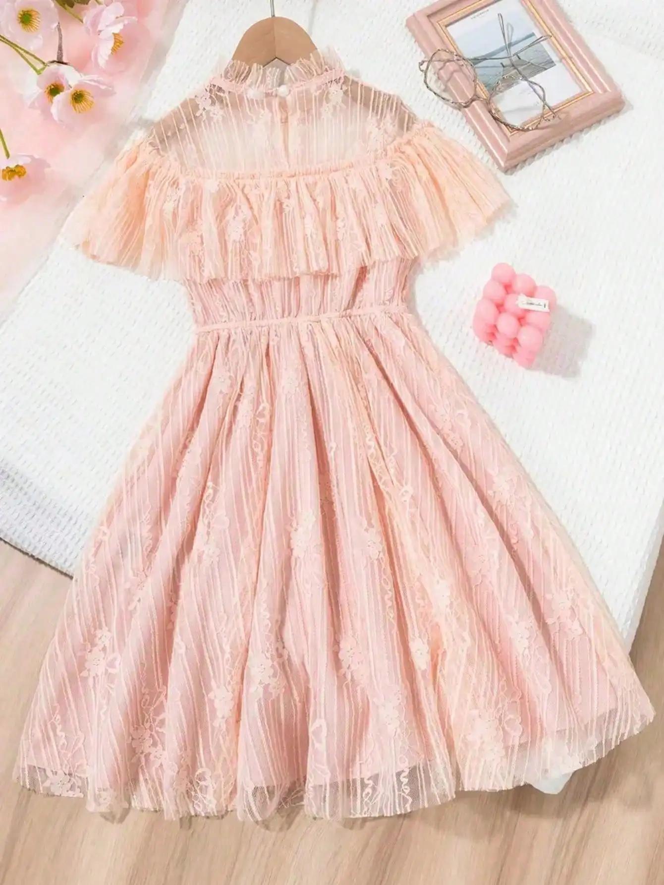 Robe de princesse en dentelle de style coréen, couleur unie, légèrement élastique, coupe ajustée pou