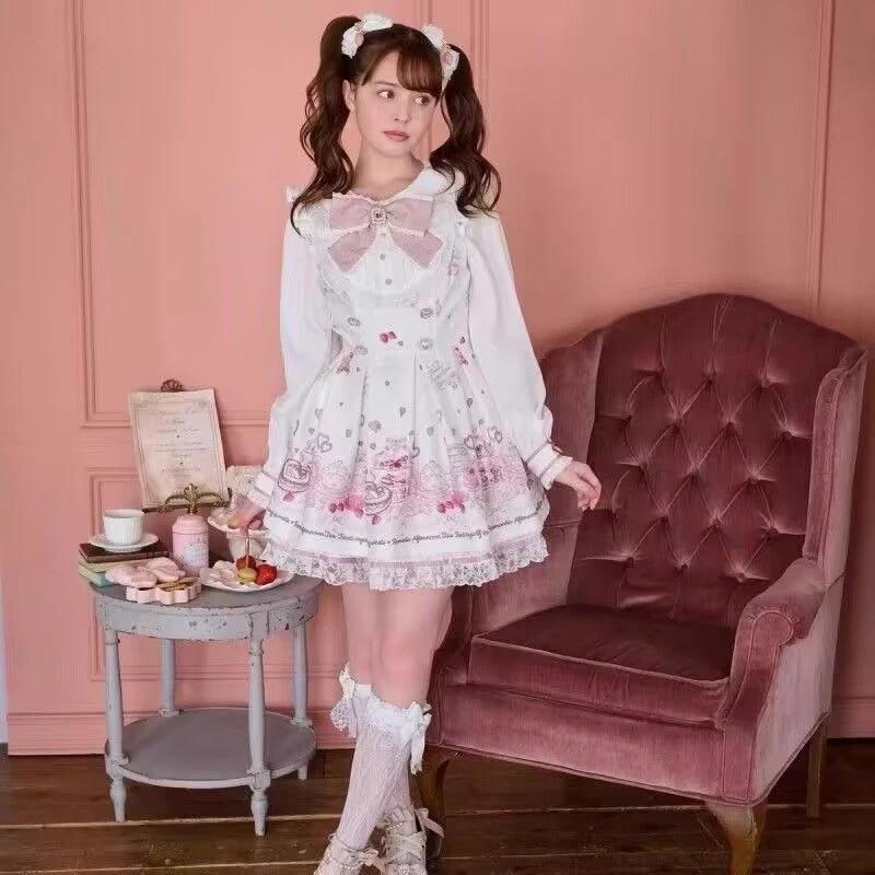 Ensemble robe japonaise Kawaii avec nœud en strass pour femme, style Lolita doux et mignon, chemise