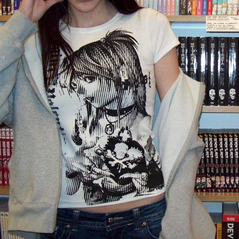 Y2k anime Streetwear col rond 90s texte impression hauts femmes Harajuku vêtements Simple Vintage T-