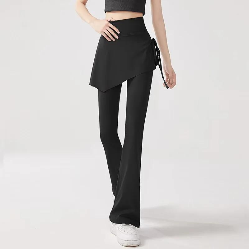 DFCF Pantalon de yoga évasé taille haute pour femme avec jupe superposée deux-en-un, détails à pompo