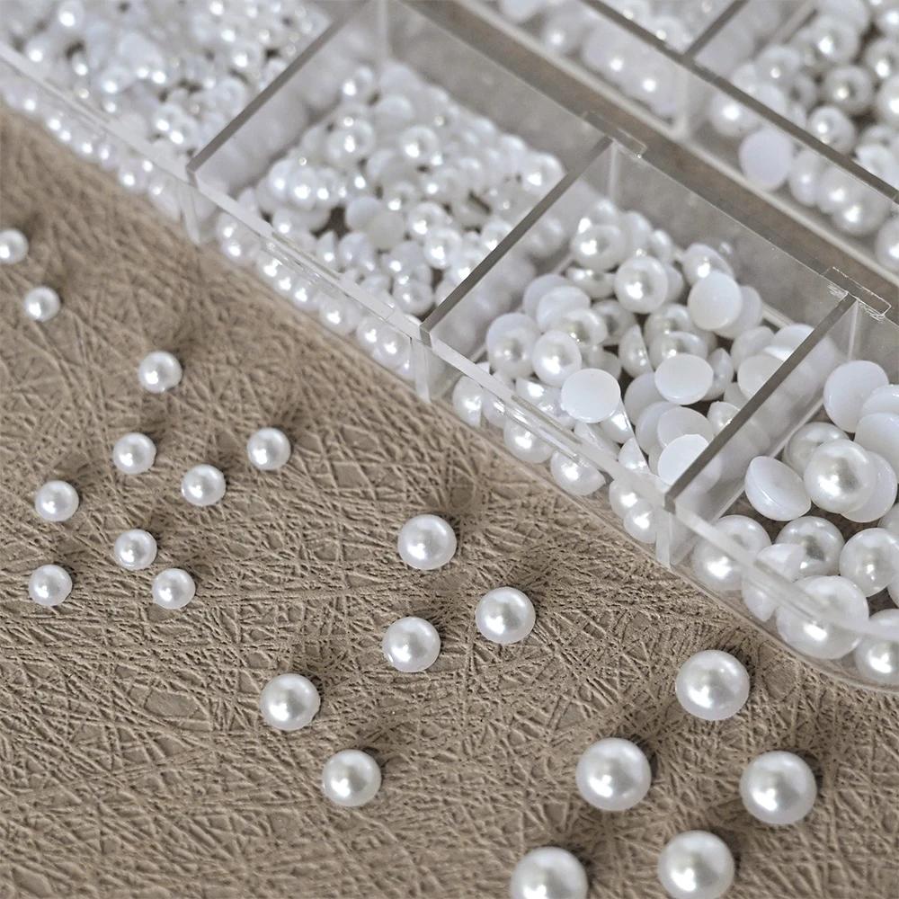 12 grilles de perles blanches 3D, breloques pour ongles, 1.5-5mm, perles rondes/demi-rondes, strass,