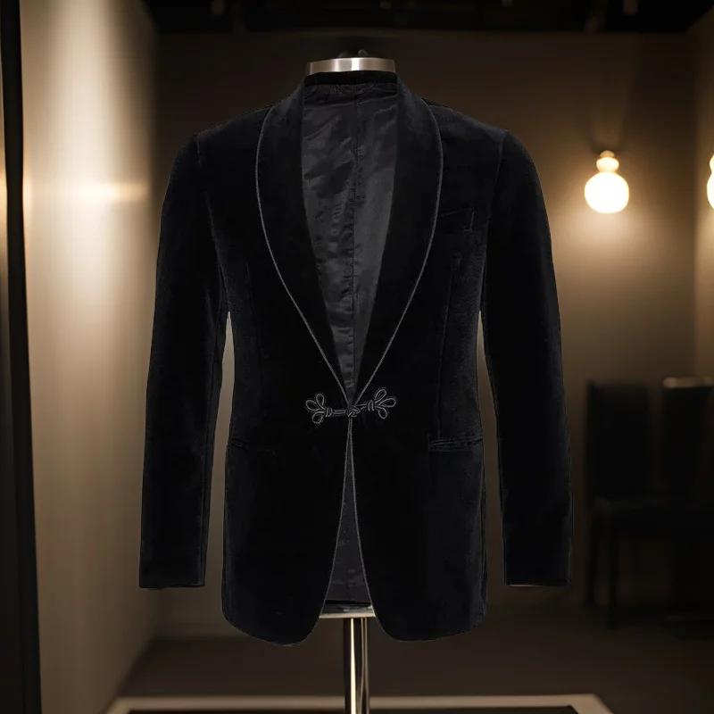 Veste de smoking en velours avec châle grenouille, ample, Vintage, Blazer de marié de mariage pour d