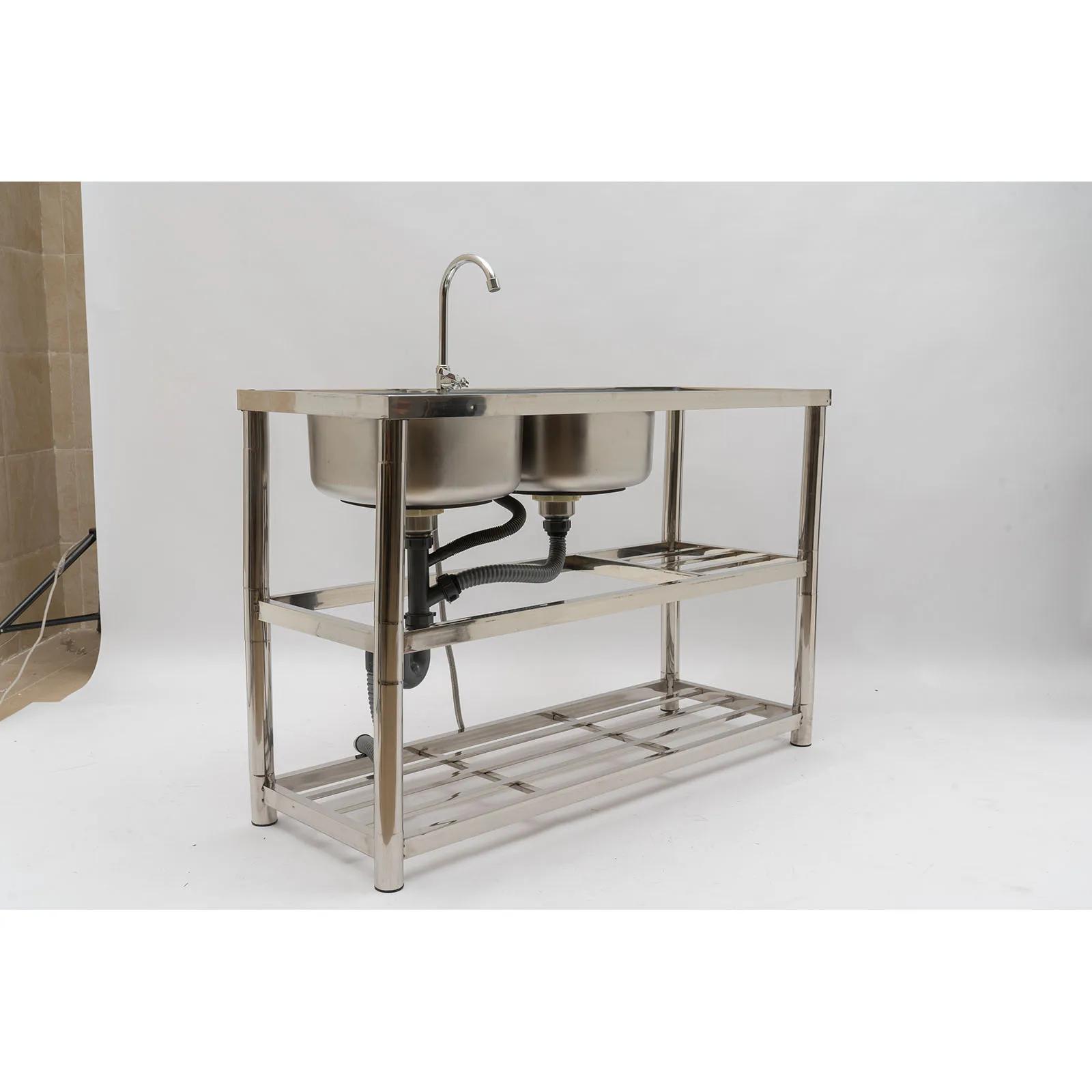 Évier utilitaire commercial en acier inoxydable, évier de cuisine à 2 compartiments avec table de pr