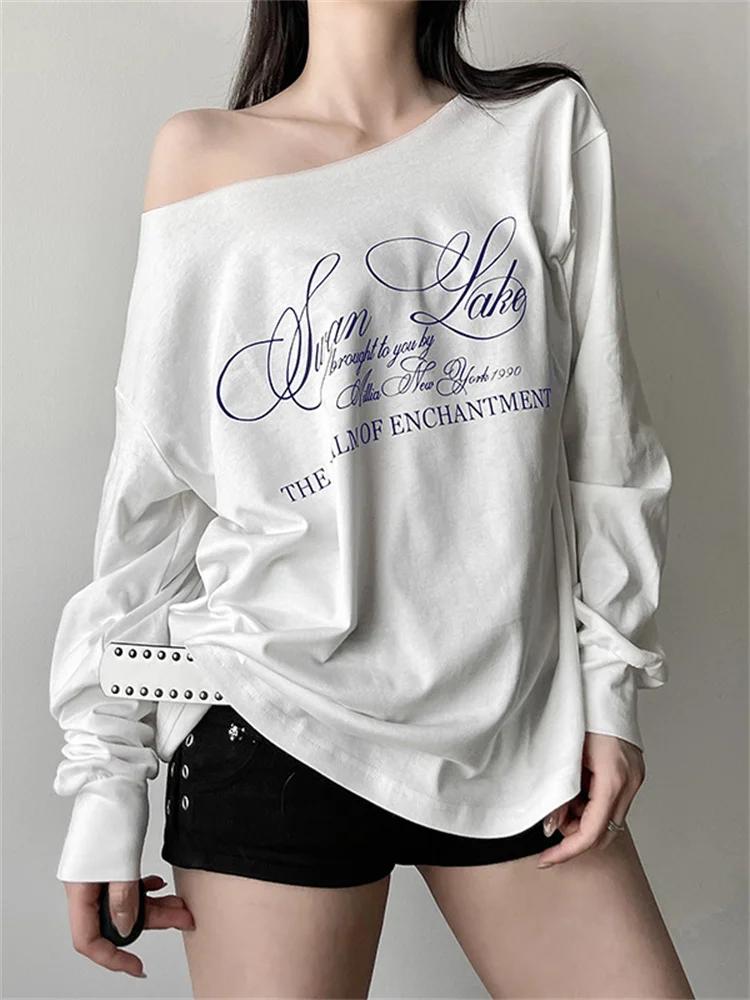 Sisterlinda quotidien Style polyvalent T-Shirts femmes lettre impression épaule inclinée manches lon