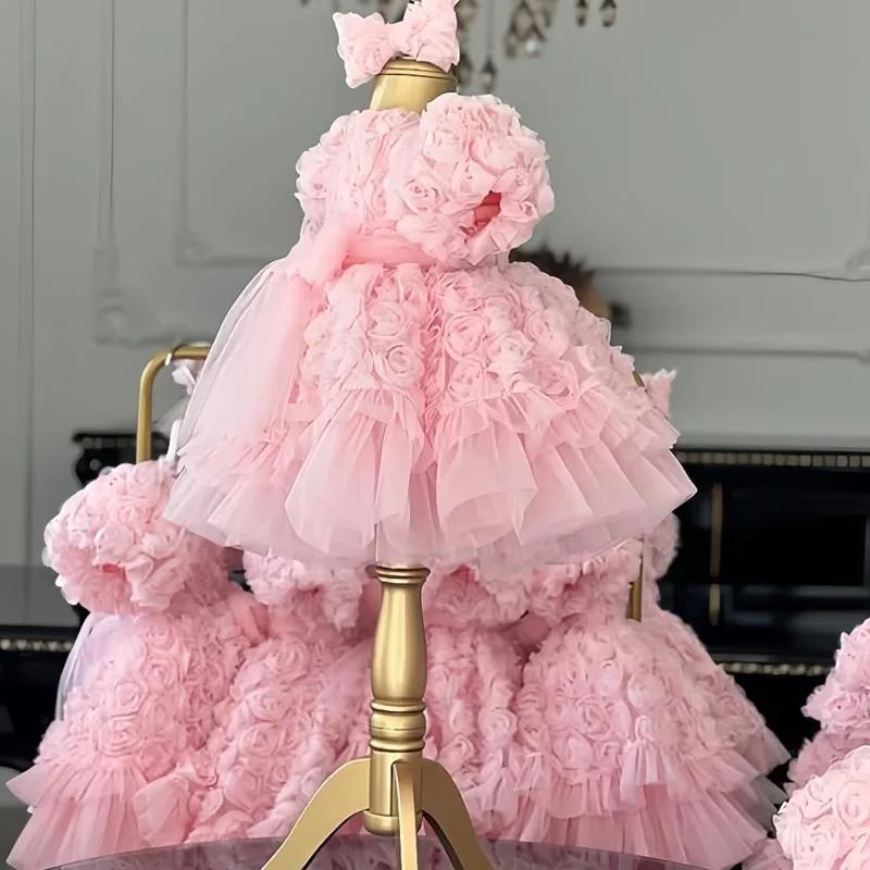 Robe Tutu princesse pour petites filles de 2 à 14 ans, motif floral 3D, Rose, pour fête de mariage,