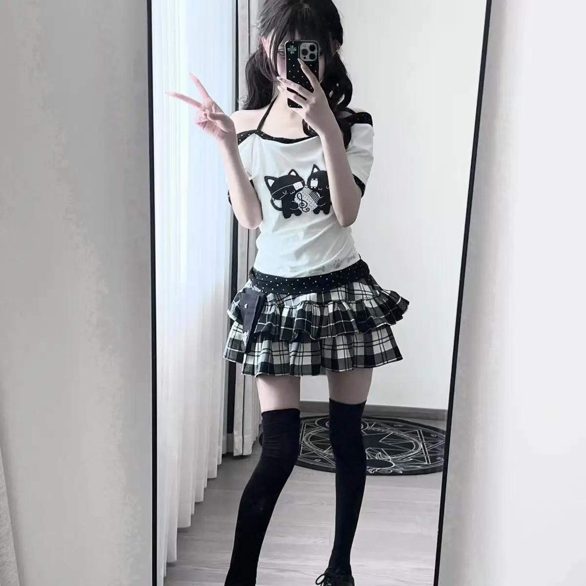 T-shirt pour femme, imprimé à pois, style japonais, kawaii, dessin animé, ample, décontracté, contra