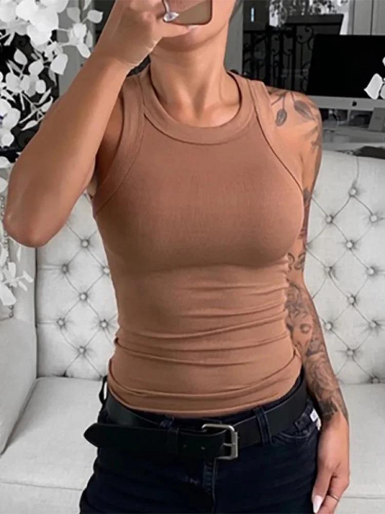 Femmes solide col rond côtelé débardeur Camisole femmes été basique élastique débardeur col rond sol