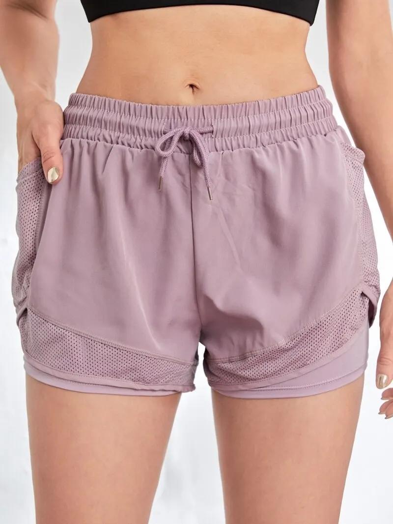 Short de sport élastique pour femmes, short avec poches, faux Leggings de Yoga deux pièces pour cour