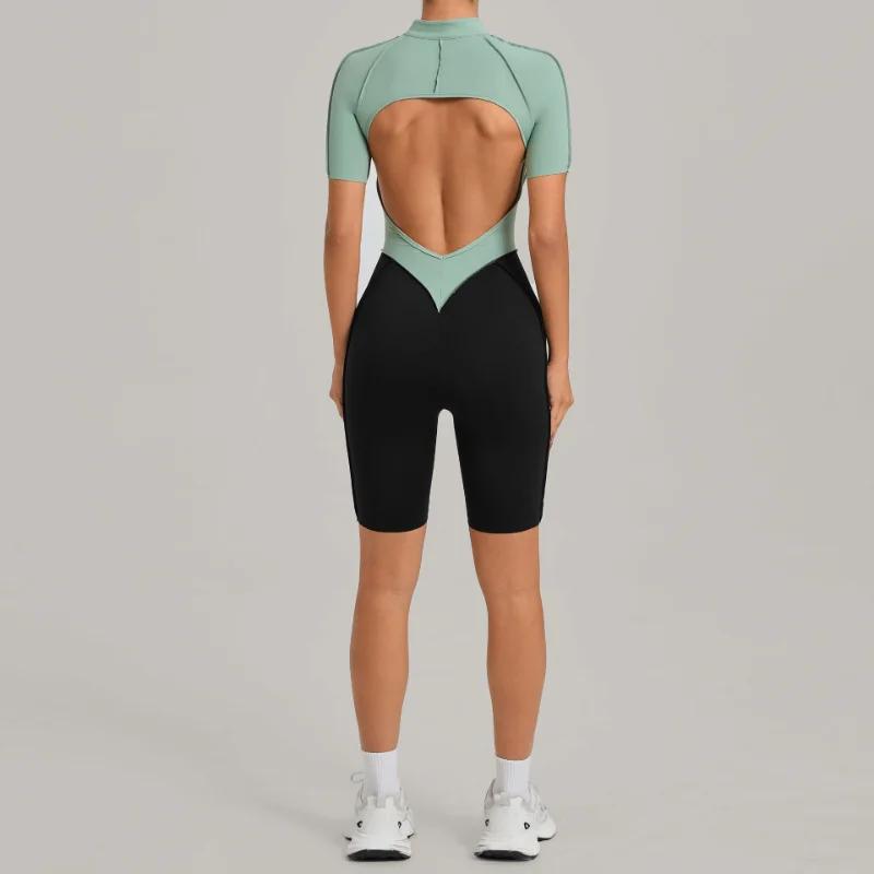 Combinaison de sport une pièce à fermeture éclair pour femme, dos en V, sans manches, dos nu, pour y