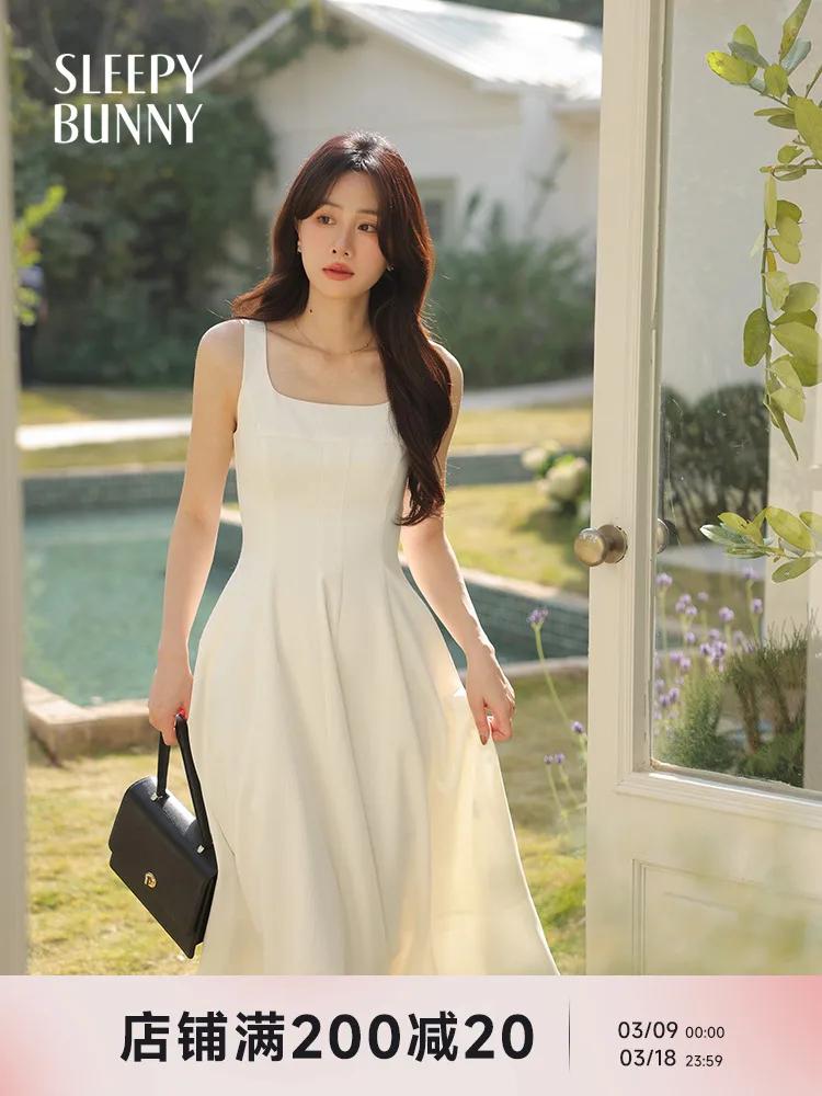 Robe Maxi sans manches pour femmes, Style français, col carré, taille haute, coupe cintrée, élégante