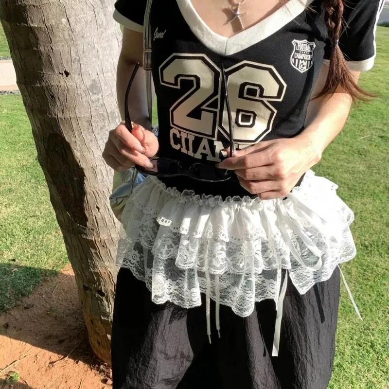 Femmes Y2K coréen dentelle Mini jupe superposée Streetwear à lacets volants Harajuku taille haute pl