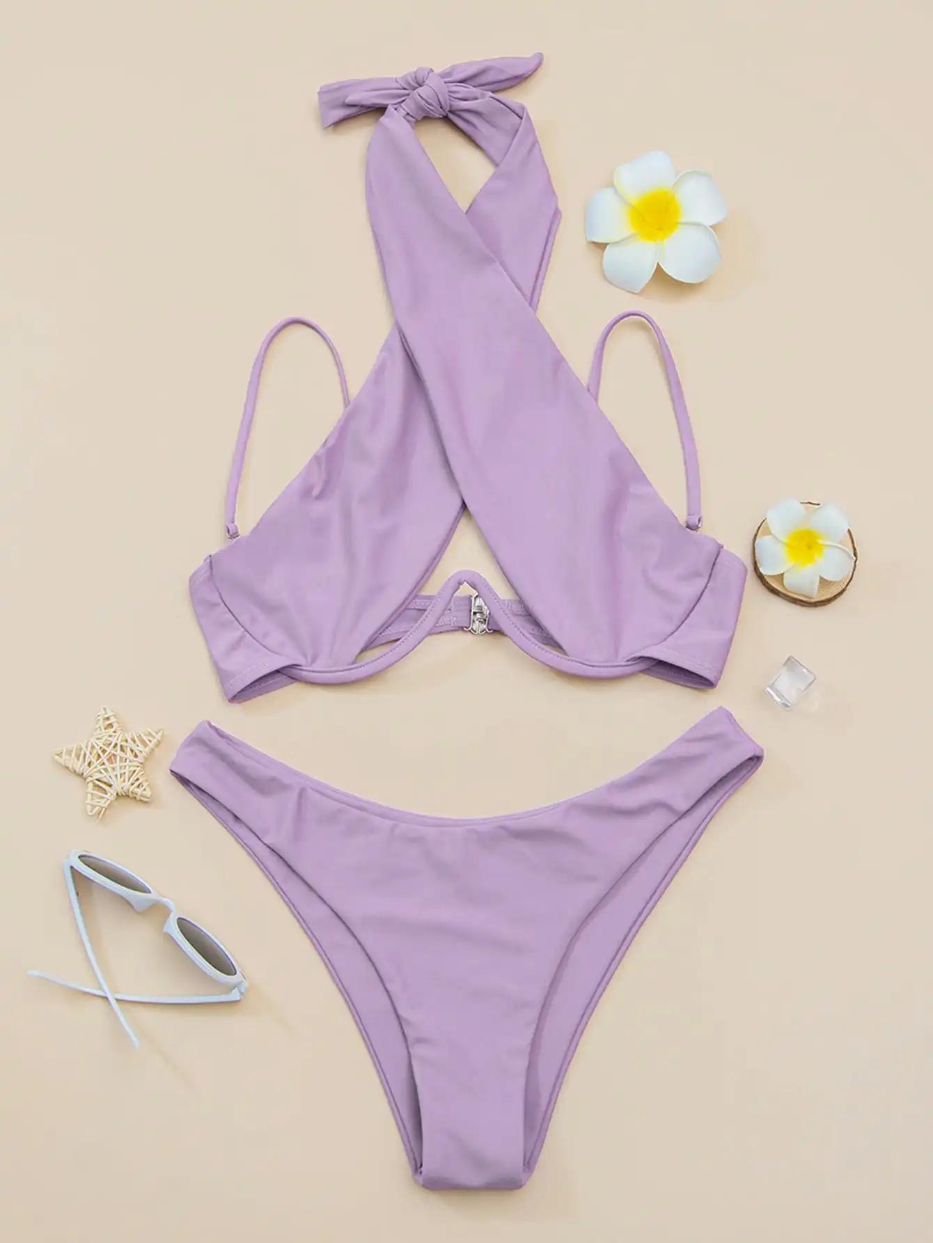 Bikini à bretelles croisées avec armatures 2026 Maillot de bain femme uni Push-up Maillot de bain fé