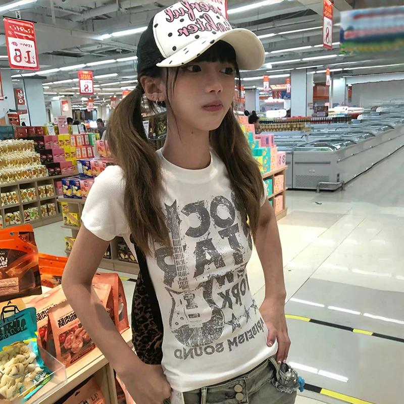 Karrram japonais Y2k lettre impression T-shirt 2000s Style à manches courtes haut court Vintage Hara