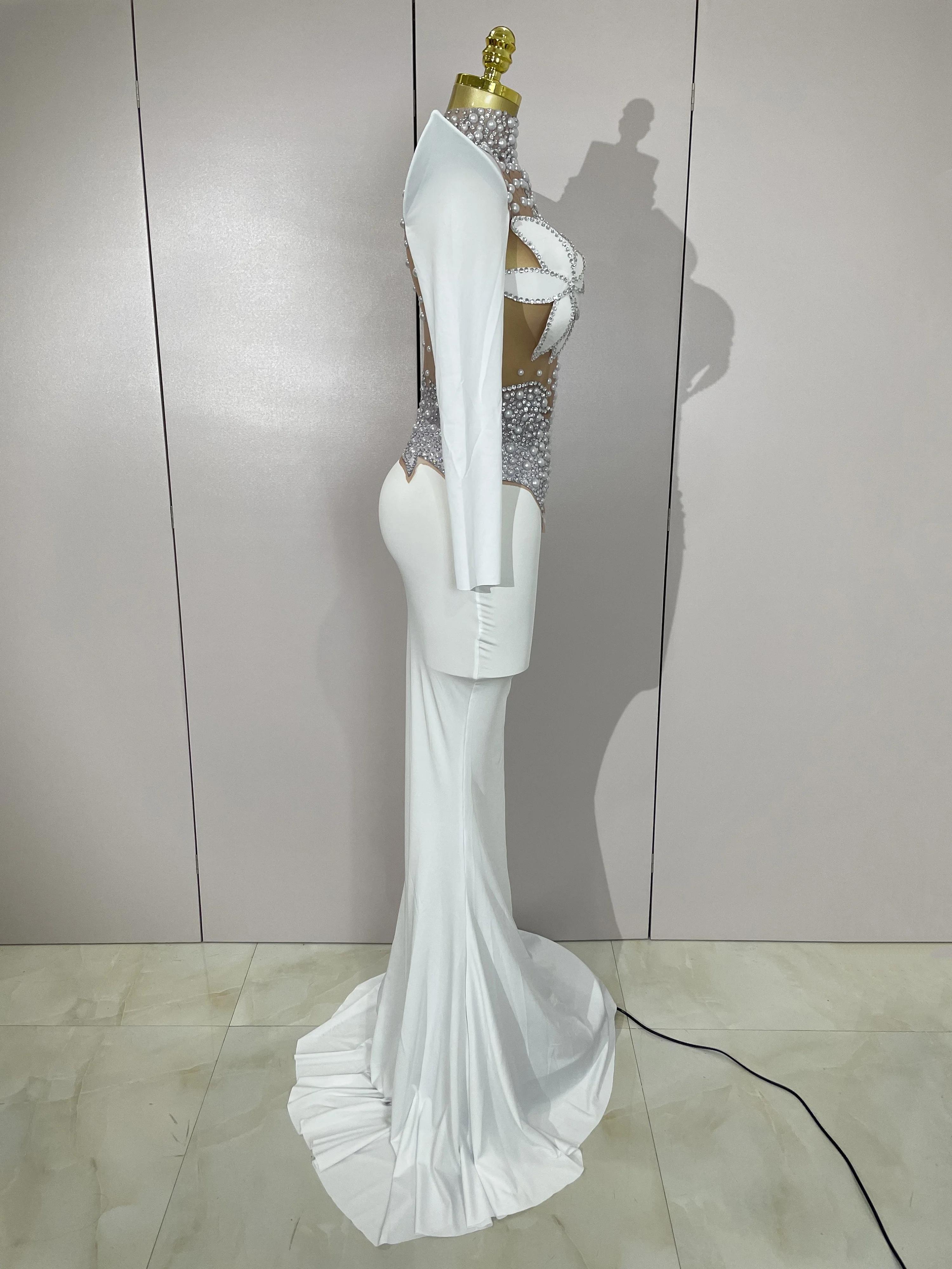 Robe longue de luxe en maille transparente pour femmes, diamants scintillants, blanc perle, robe de