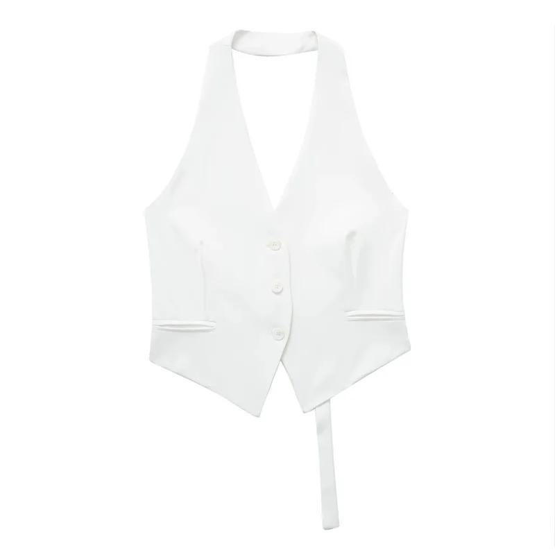 MUJER épaules dénudées gilet sans manches femmes noir blanc recadrée gilet femme mode dos nu col en