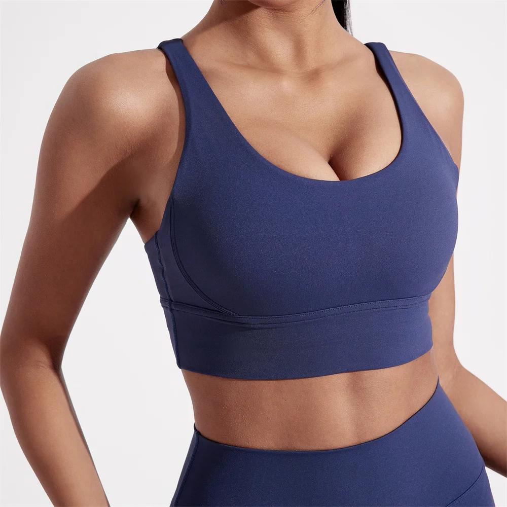 Couleur unie femmes dos croisé sous-vêtements de Fitness doux Fitness Sport soutien-gorge haut gymna