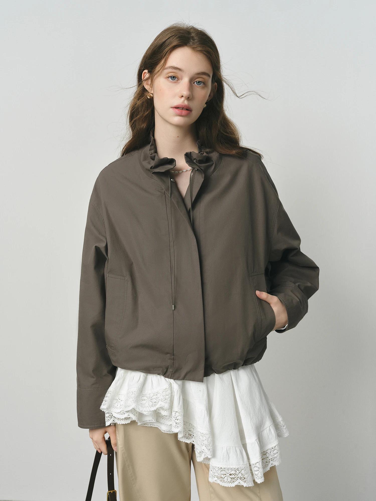 FSLE 2025 Veste utilitaire vintage pour femme - Manteau court d'automne décontracté à manches bouffa
