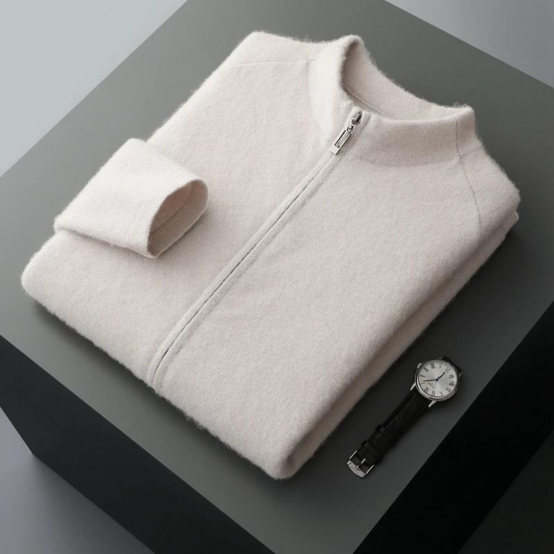 Cardigan en cachemire pur pour hommes, col mi-haut, fermeture éclair, pull décontracté, tempérament,