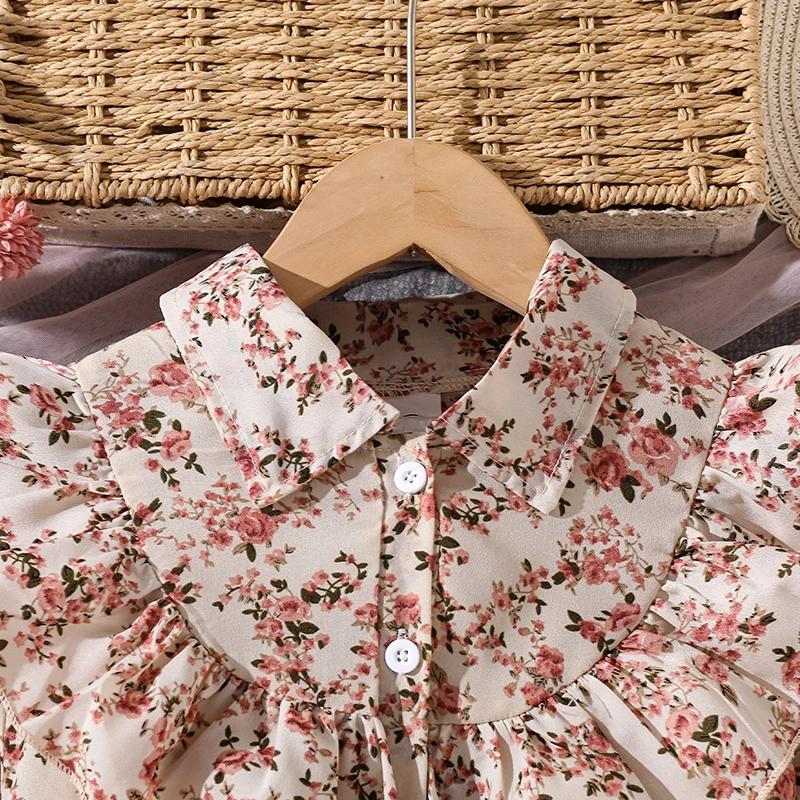 Robe de Style paysan pour filles de 8 à 12 ans, imprimé Floral, revers, ourlet en maille rose, douce